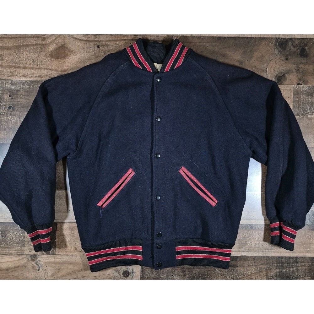 Vintage Lasley Knitting Letterman Varsity Jacket Mens 38 50s 60s Blank Wool USA